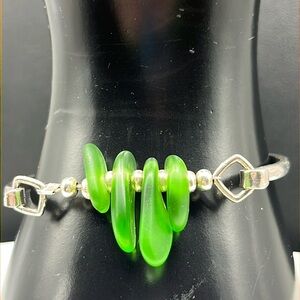 Mexican Sterling Silver Sea Green Glass bracelet, 7.25 in. Mexico 925